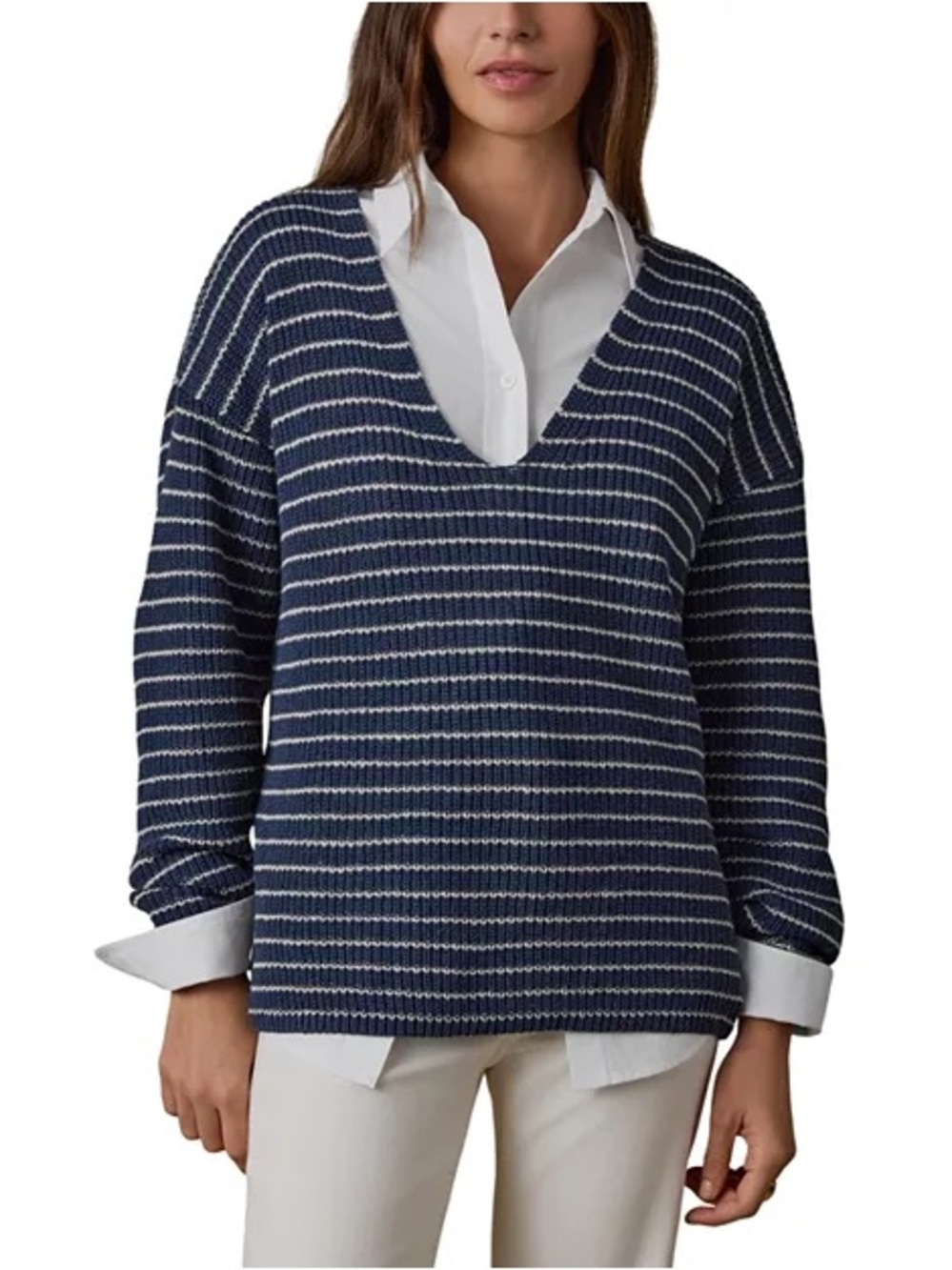 Faherty the Miramar Linen Deep V-Neck Sweater in Navy Stripe,Large